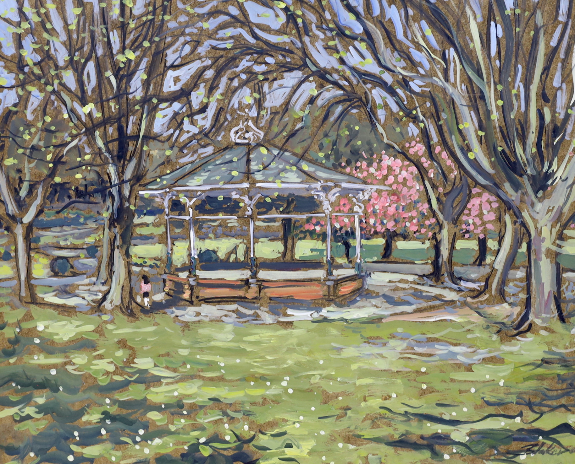 Michael John Blaker, two oils on board, The Bandstand, Ellington Park, Ramsgate and Woodland glade, each signed, largest 51 x 61cm, unframed